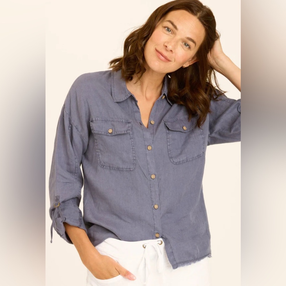 XCVI Rorin Linen Button Up Roll Tab Sleeve Shirt In Hypnotic Women’s Sz L